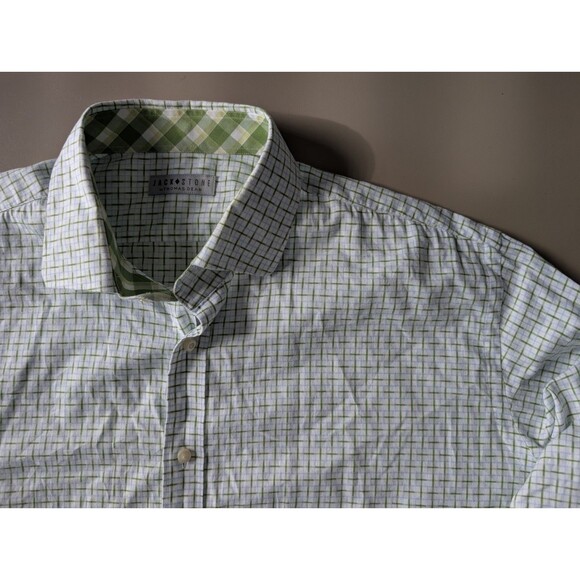 Jack Stone by Thomas Dean Dress Shirt Men's Size XL Green Plaid Patterned Cuff - Picture 9 of 16
